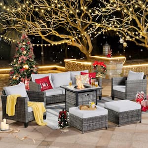 Megon Holly 6-Piece Wicker Outdoor Patio Fire Pit Seating Sofa Set with Gray Cushions