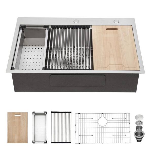 33 in. Drop-In Single Bowl 16 Gauge Brushed Nickel Stainless Steel Kitchen Sink Workstation with Accessories