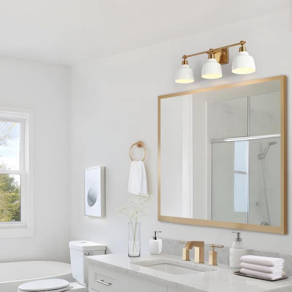 23.6 in. 3-Light Modern White Vanity Light with Plating Gold Rectangle Backplate and Bell Metal Shade for Bathroom