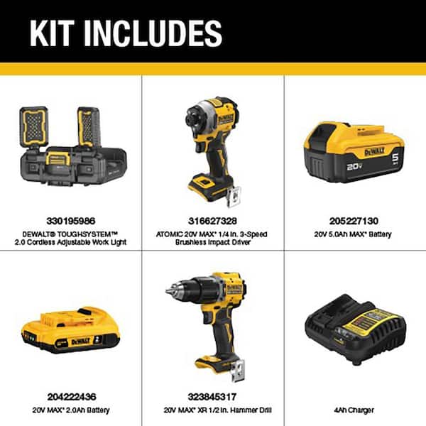 ATOMIC 20V Lithium-Ion Cordless 2-Tool Combo Kit and Cordless LED Work Light with 5 Ah and 2 Ah Batteries and Charger