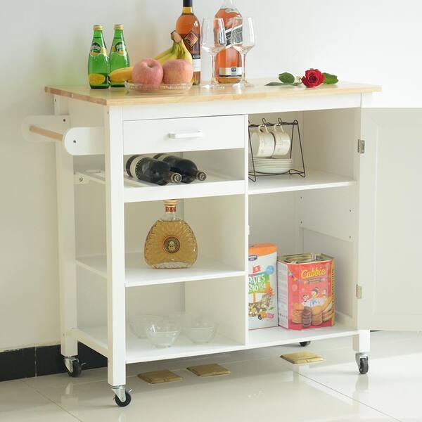 White MDF Small Kitchen Island with Drawer, Storage Shelves and Wine R