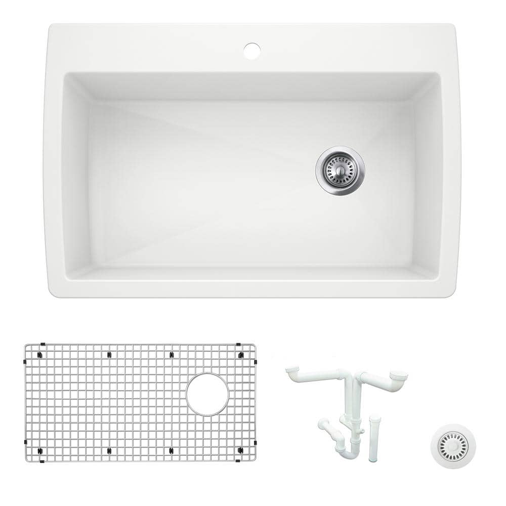 Diamond 33.5 in. Drop-in/Undermount Single Bowl White Granite Composite Kit