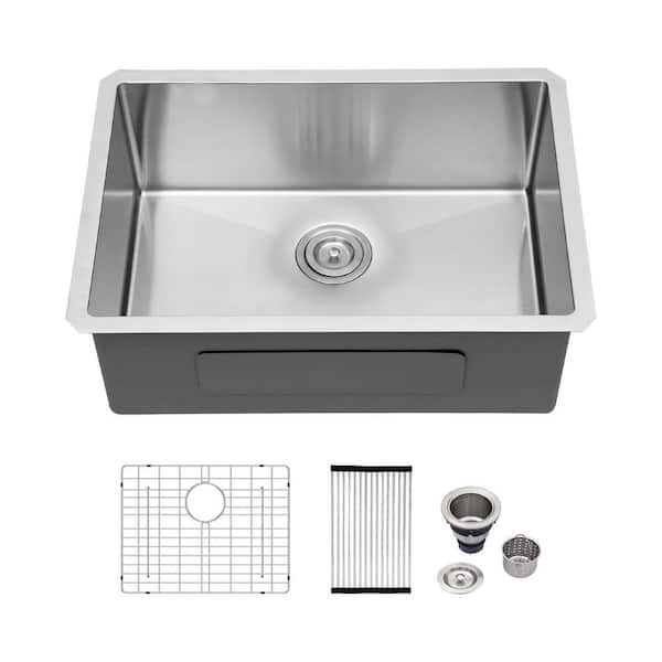 Logmey 26 in. Undermount Kitchen Sink 16-Gauge Stainless Steel Single Bowl Sink with Bottom Grid