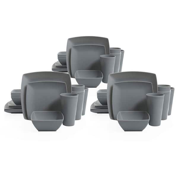 Gibson Home 16-Piece Square Dinnerware Set Plates, Bowls, & Cups, Grey (3 Pack)