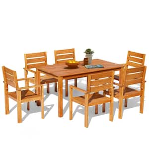 7-Piece Patio Dining Set-1 Rectangle Wood Dining Table and 6 Wood Dining Chairs, Outdoor Wooden Furniture Set