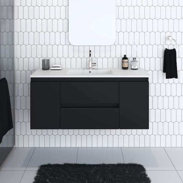 Salt 48 in. W x 18 in. D Bath Vanity in Glossy Black with Ceramic Vanity Top in White with White Basin
