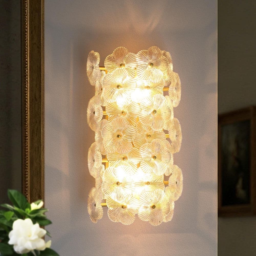 TinHon 8 in. 2-Light Modern Gold Floral Glass Wall Sconce with