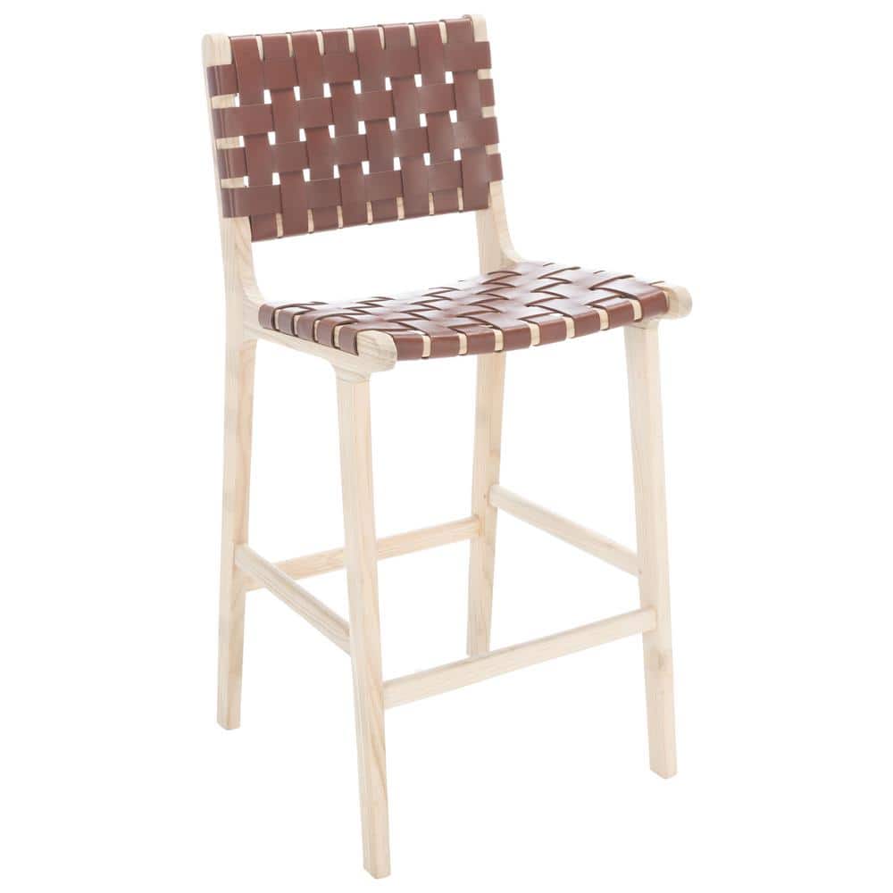Cognac Leather and Natural Wood Counter Stool
