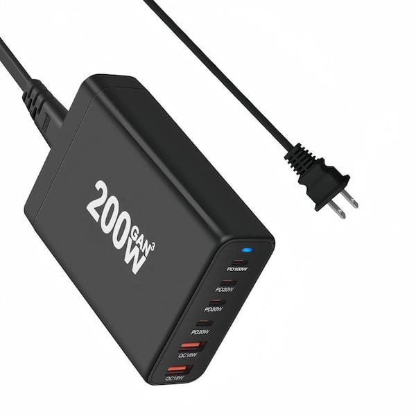 Ahfiwaso 200-Watt Fast Wall Charger Power Adapter with 6 Charging Ports Desktop USB Charging Station PD100W PD20W QC18W