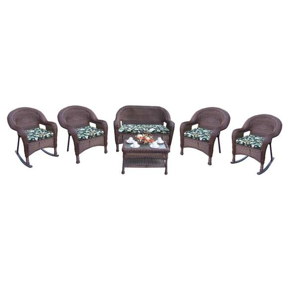 Unbranded Coffee 6-Piece Wicker Patio Conversation Set with Black Floral Cushions