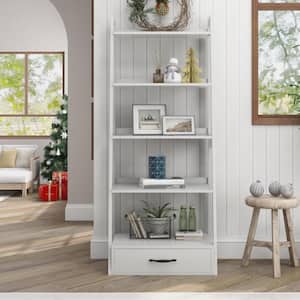 64 in. White Wood 5-shelf Ladder Bookcase with Drawers