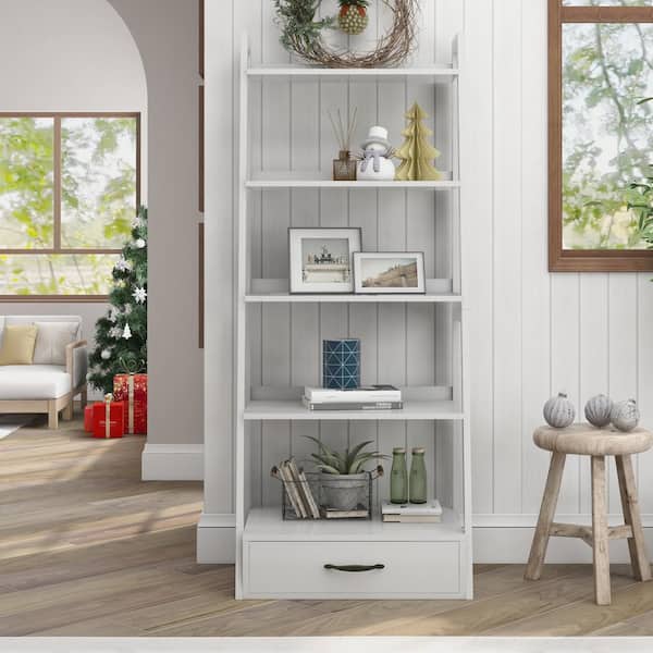Calitri 64 in. White Wood 5-Shelf Ladder Bookcase with Drawers