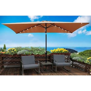 10 ft. x 6.5 ft. Outdoor Push Button Tilt Solar LED Lighted Market Patio Umbrellas with Rectangular in Brown Canopy
