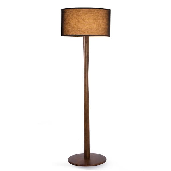 Keazile Nox 61 in. Walnut 1-Light Standard Floor Lamp with Solid Wood Body and Black Fabric Drum Shade for Living Room