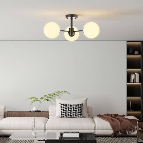 Raleigh 21 in. 3-Light Black Glass Minimalist Semi Flush Mount Lighting Hallway Bedroom Ceiling Lights Fixtures