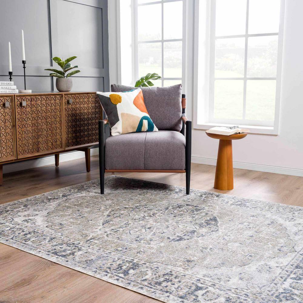 Rudo Gray and Olive Medium Pile Washable Polyester Area Rug