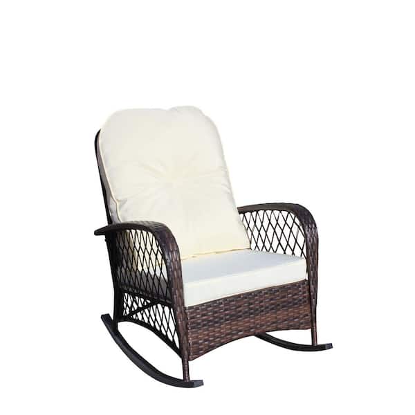 Brown Wicker Outdoor Rocking Chair with Wide Seat and Thick Soft Beige Cushion for Patio Garden Backyard