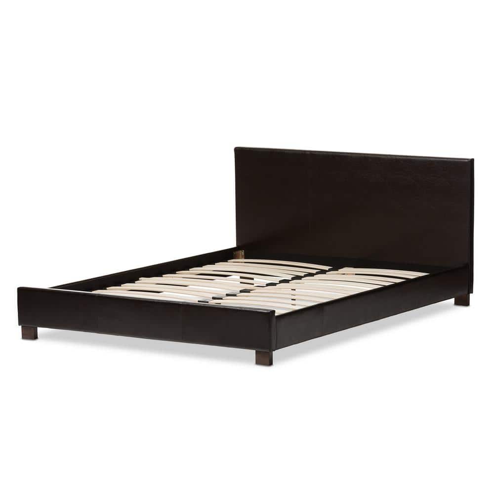 Dark Brown Faux Leather Upholstered Queen Platform Bed with Slats