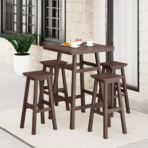 Laguna 5-Piece Fade Resistant HDPE Plastic Outdoor Patio Square Bar Height Pub Set, Matching Barstools in Dark Brown