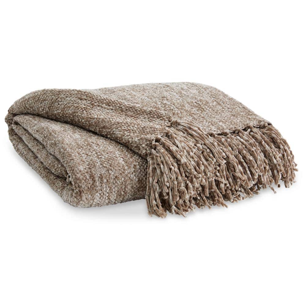 Tamish Taupe 60" x 50" Polyester Throw Blanket with Knotted Fringe