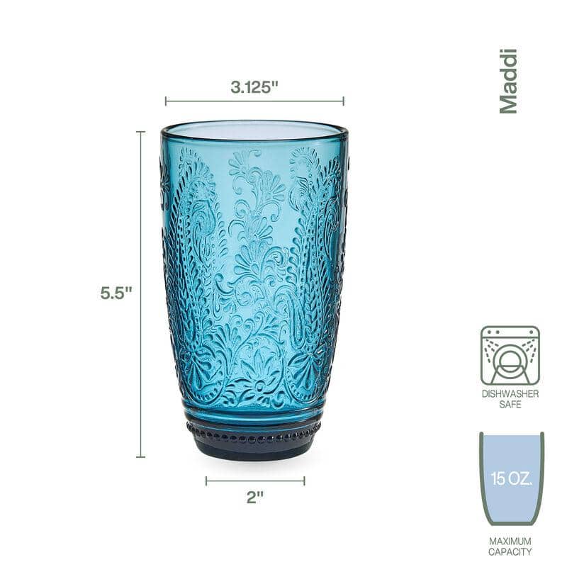 Indigo Blue Embossed Floral Highball Glass Set of Four
