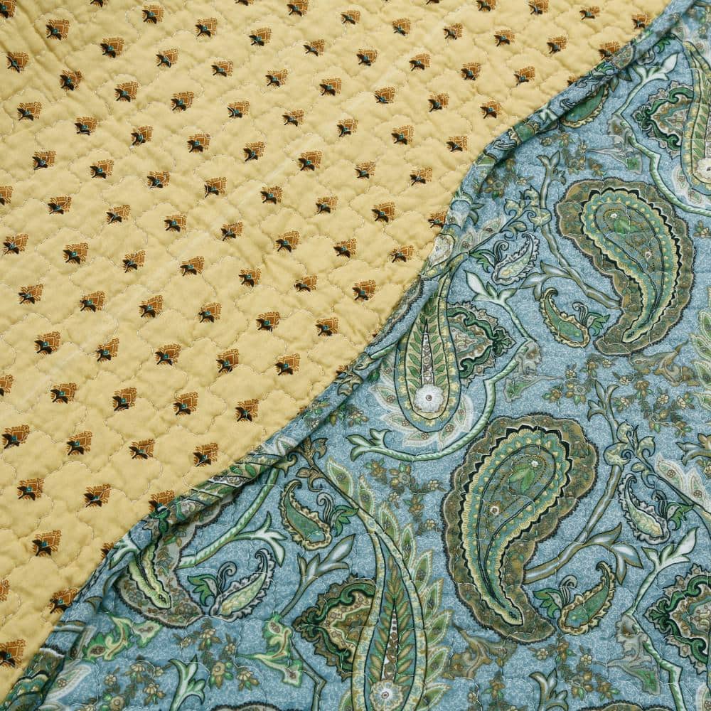 Paisley Blue Green Yellow Scalloped Cotton Reversible Throw Blanket, 60" x 50"