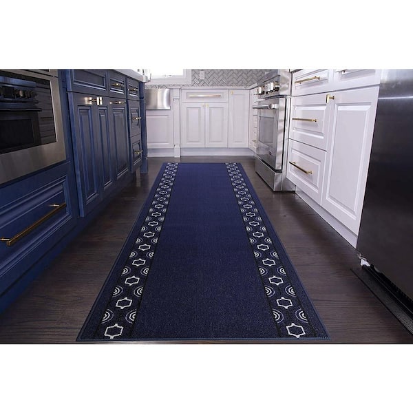 Trellis Border Custom Size Navy 48 in. x 26 in. Indoor Stair Tread Cover Matching Runner Slip Resistant Backing(1-Piece)