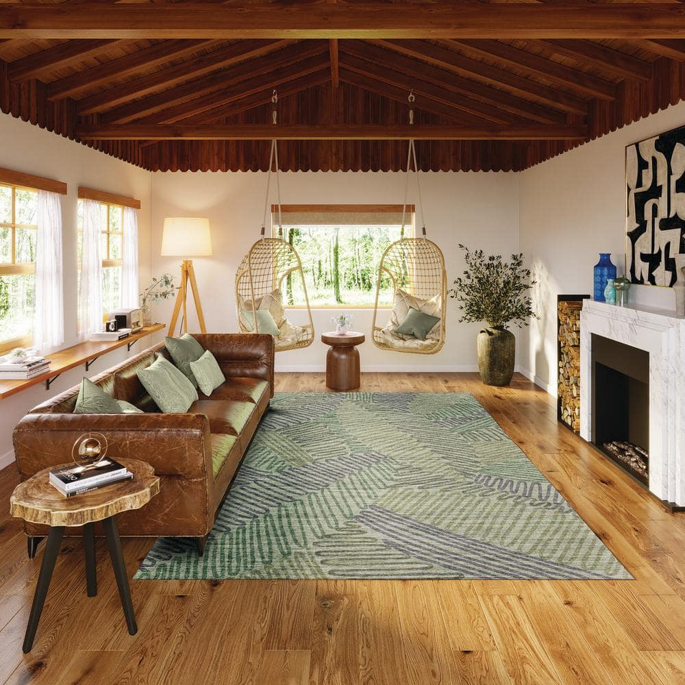 Yuma Green Abstract Chenille Washable 5' x 7' Area Rug