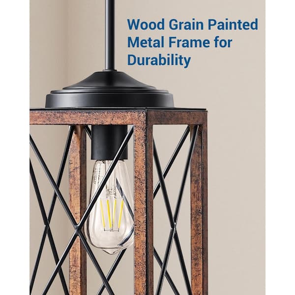 60-Watt 1-Light Farmhouse Pendant Light with Brown Wooden Grain Finish Shade, No Bulbs Included
