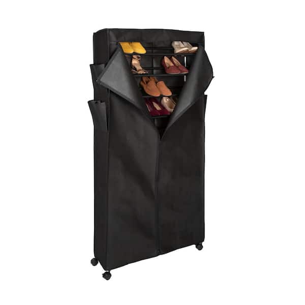 Honey-Can-Do 64.37 in. H 30-Pair Black Polyester and Steel Shoe Rack with Cover