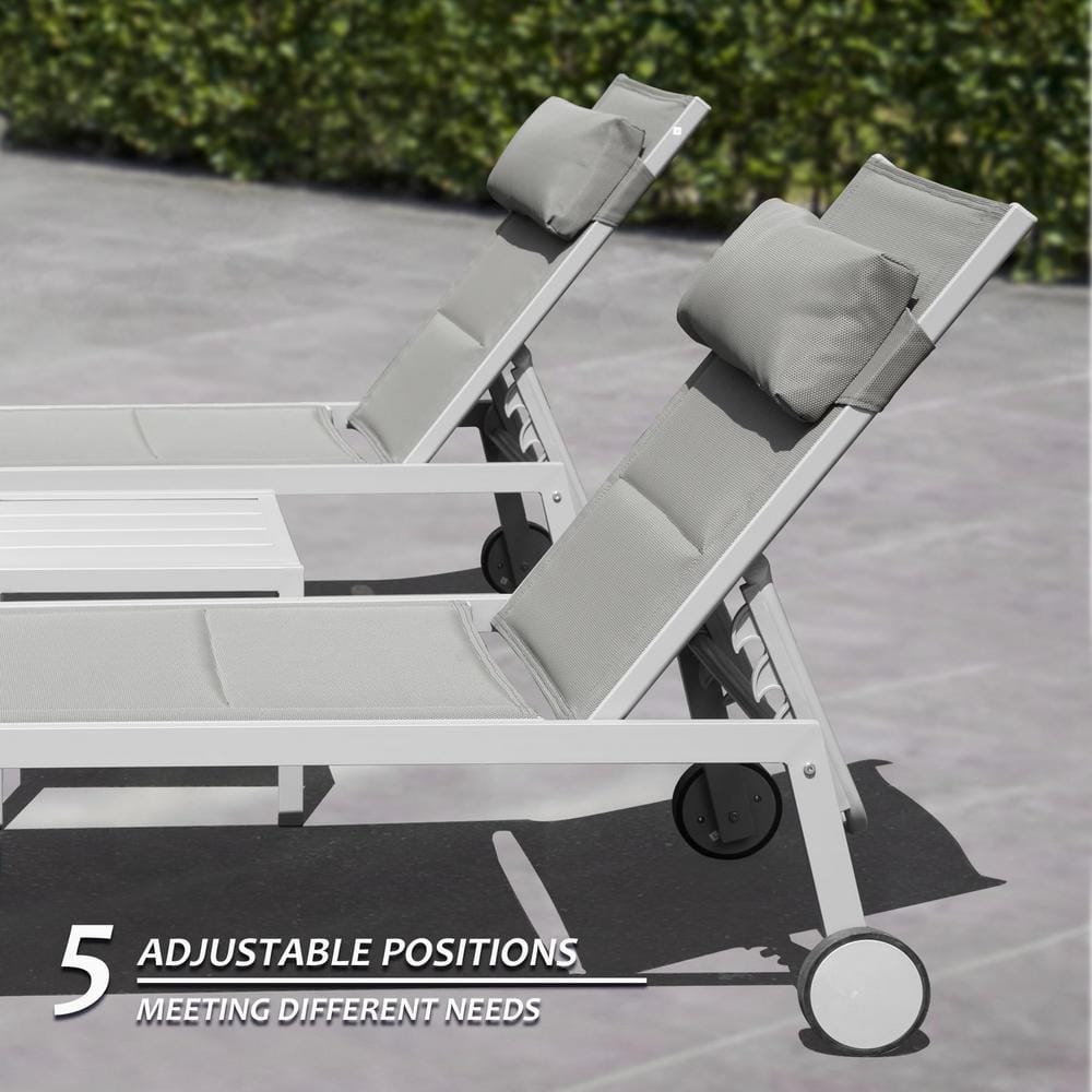 Khaki Aluminum Adjustable Outdoor Chaise Lounge Set with Side Table