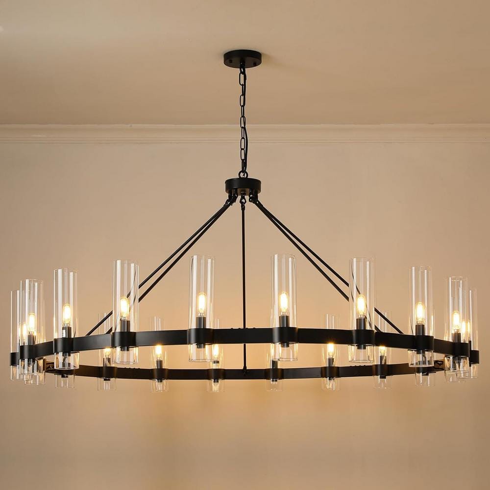 60-Inch Black Metal Wagon Wheel Chandelier with Clear Glass Shades