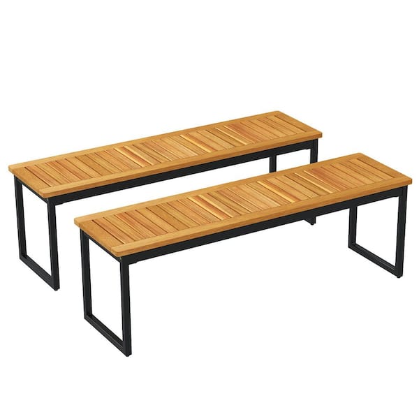 2-Pieces 51 in. Wooden Outdoor Bench Patio Dining Bench with Acacia Wood Seat Natural Ottoman