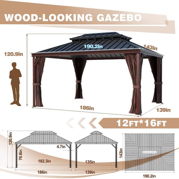 12 ft. x 16 ft. Wood Grain Aluminum Gazebo Galvanized Steel Double Top Roof with Curtains and Netting