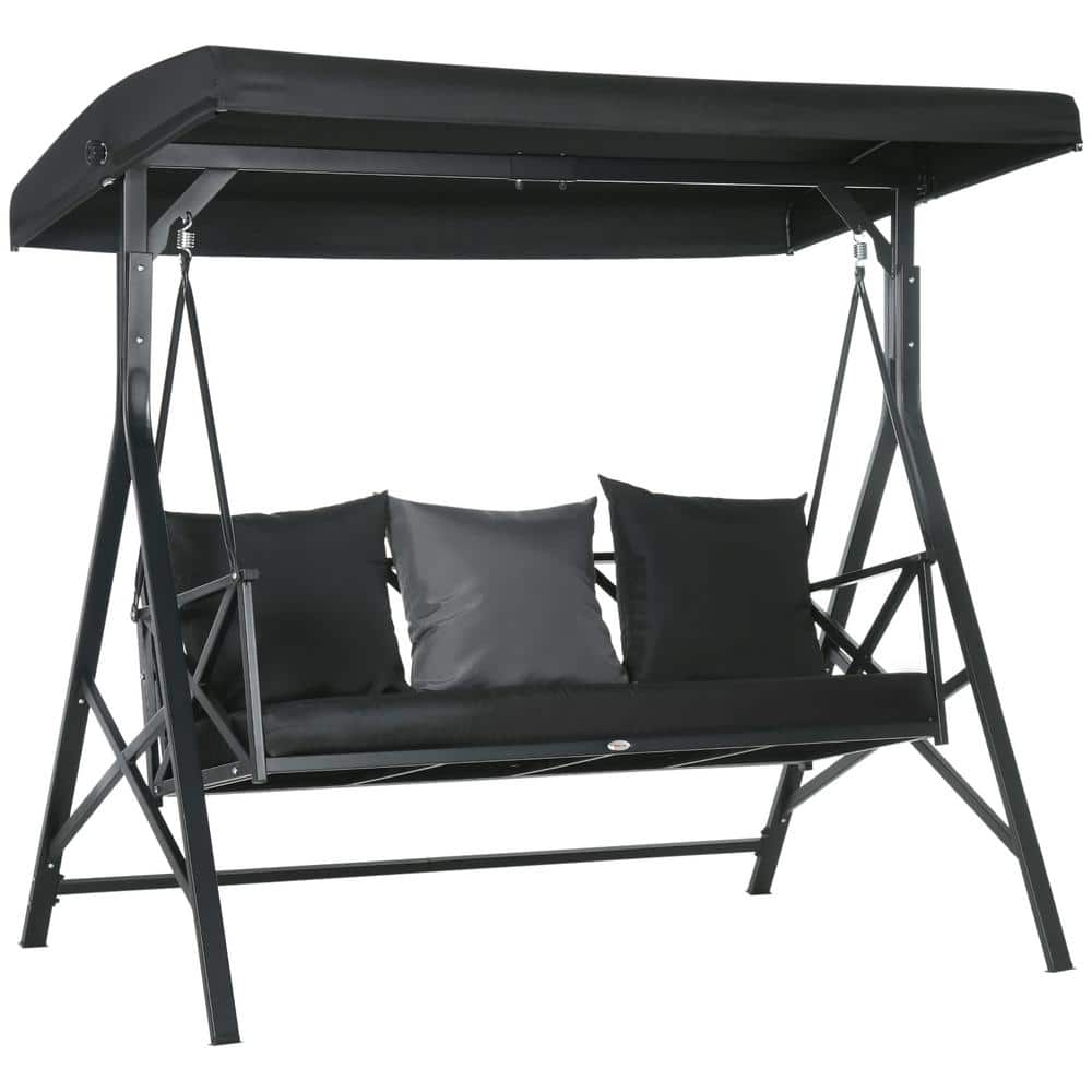 3-Seat Outdoor Steel Patio Swing Chair with Cushion, 3 Throw Pillows and Ad