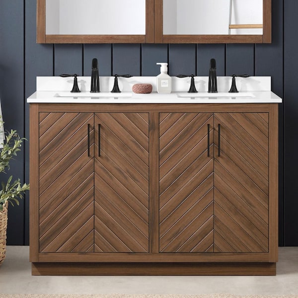 Glacier Bay Huckleberry 48 in. Double Sink Spiced Walnut Bath Vanity with White Engineered Stone Top (Assembled)