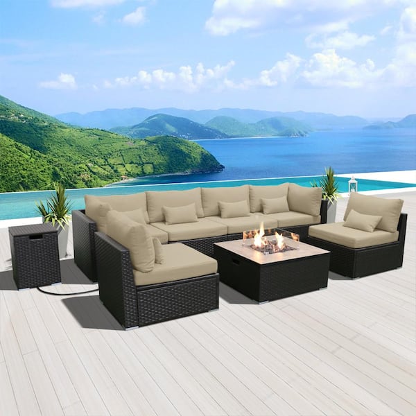 Unbranded 8-Piece Wicker Outdoor Patio Conversation Set with Propane Fire Pit Table (Light Beige Cushions-Square Table)