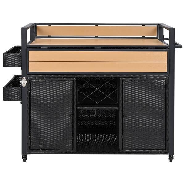 Ximuprmy Black Wood 53 in. Kitchen Island with Poly Wood Tabletop, Rattan Wicker Exterior, Drop Leaf for Dining Room and Outdoors