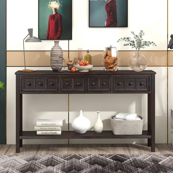 Harper & Bright Designs Vintage 60 in. Espresso Rectangle Wood Console Table with Drawers and Open Shelf