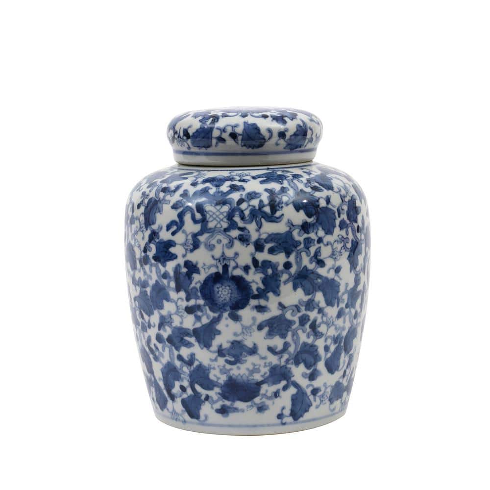 Blue and White Floral Ceramic Ginger Jar with Lid