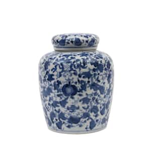8 in. H Decorative Ceramic Ginger Jar with Lid in Blue and White