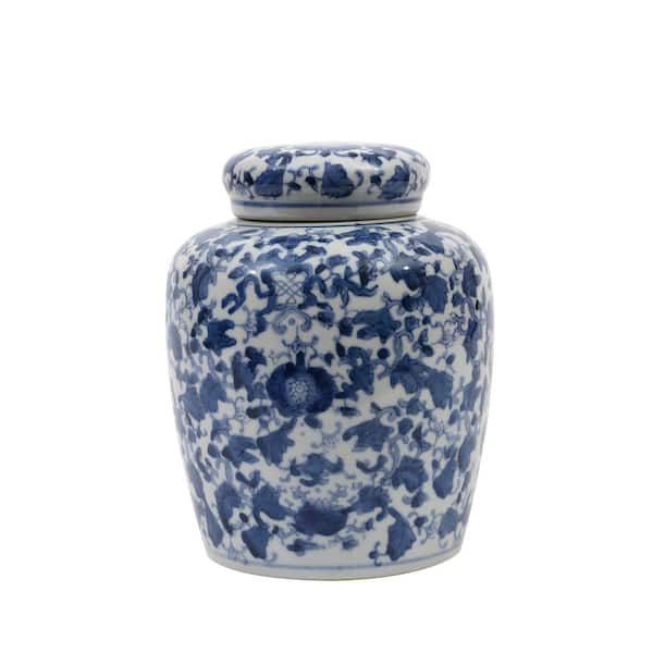Storied Home 8 in. H Decorative Ceramic Ginger Jar with Lid in Blue and White