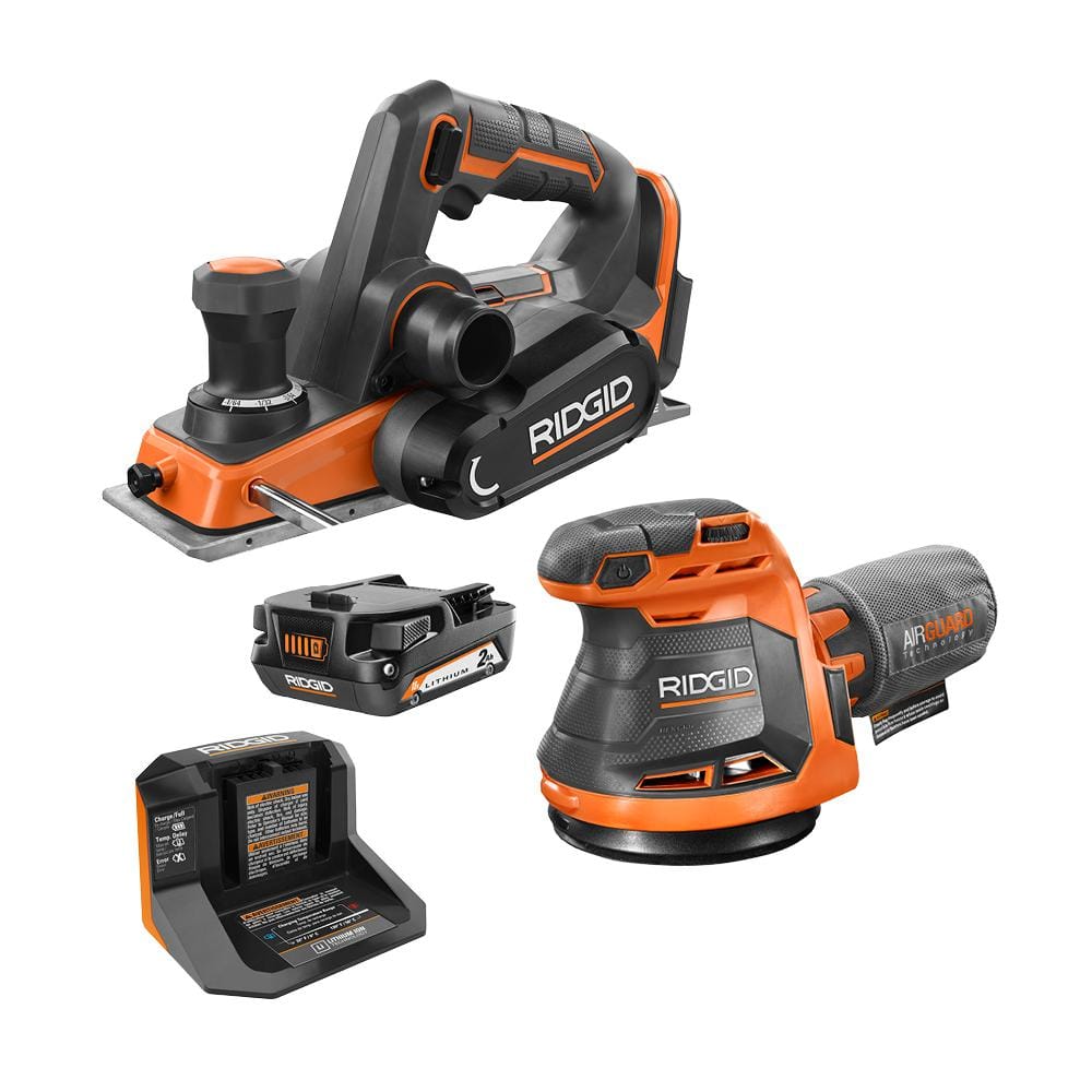 RIDGID 18V Brushless Cordless 3-1/4 in. Planer Kit w/ Dust Bag w/ 2.0 Ah Battery and 18V Charger w/ 5 in. Random Orbit Sander (R8481KSBNR8606)