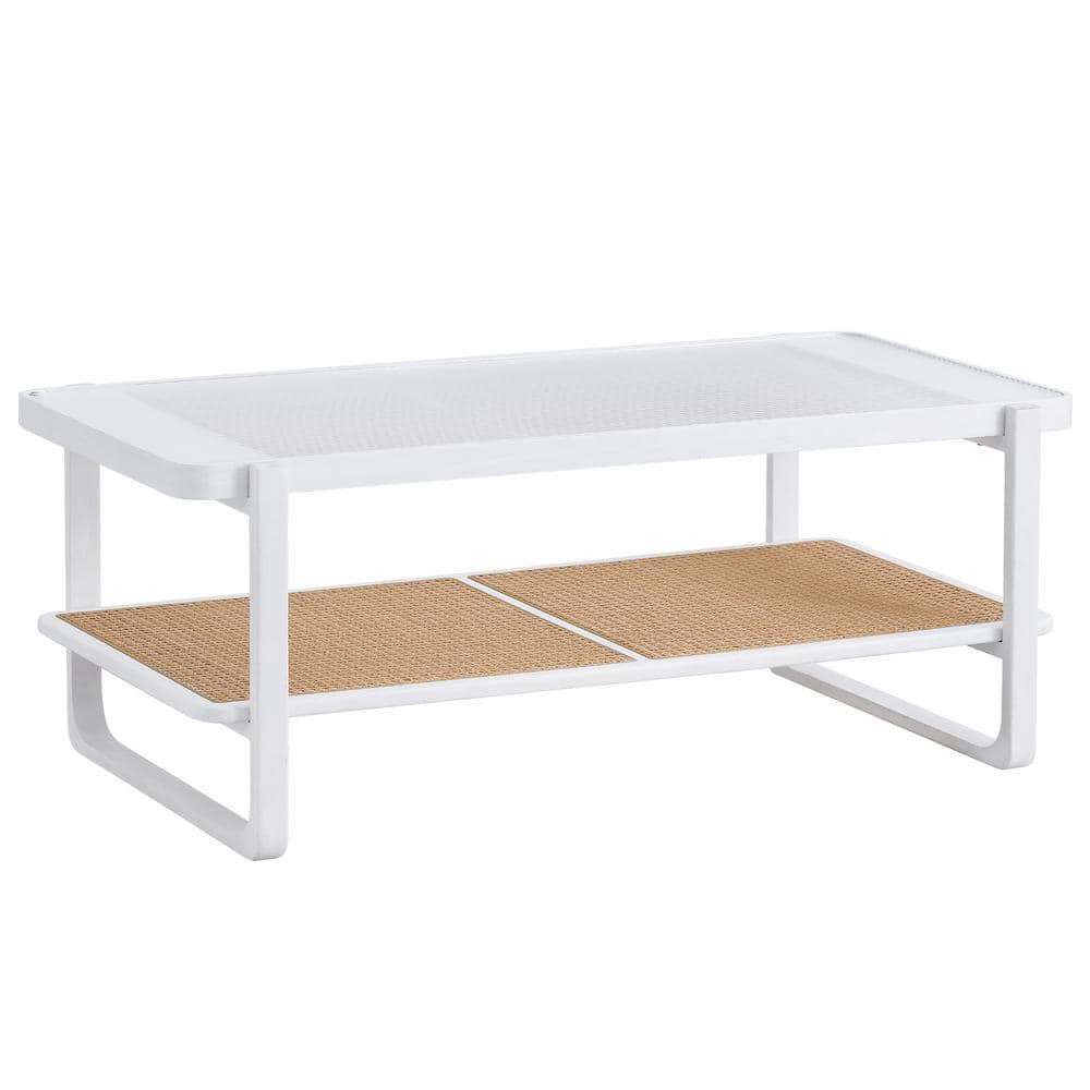 White Wood Rectangular Outdoor Coffee Table with Double Layered, Glass Tabl