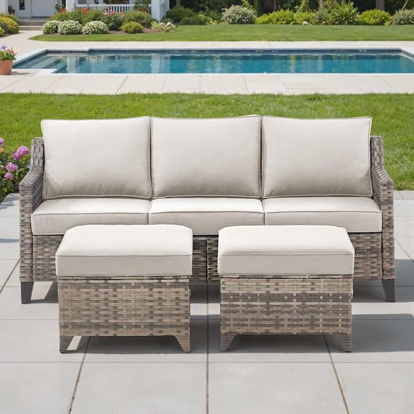 GlideRail 3-Seat Gray Wicker Outdoor Couch with 4 In. Olefin Beige Cushions Patio Lounge Furniture (3-Piece)