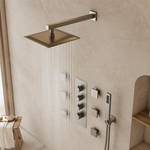 Thermostatic 7-Spray 12 in. Wall Mount Dual Shower Head and Handheld Shower in Brushed Nickel (Valve Included)