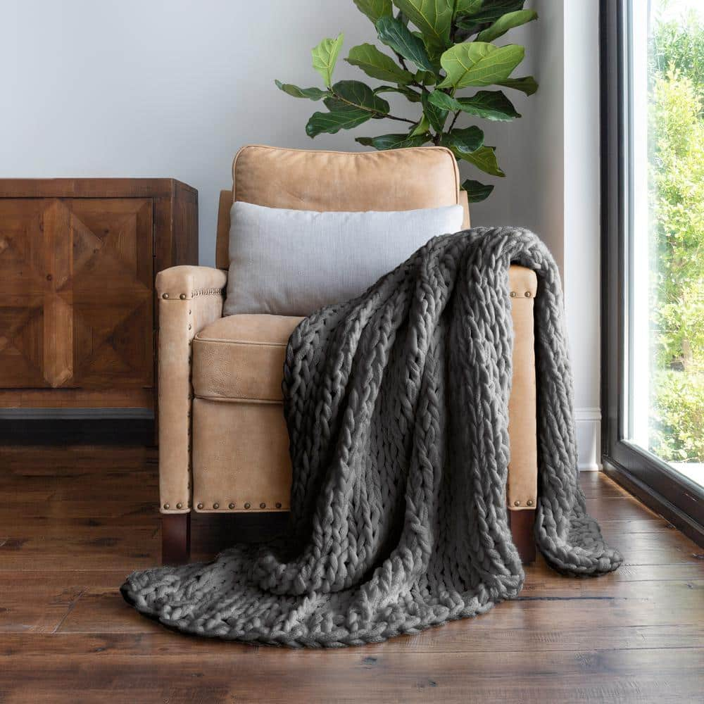 Gray Chunky Knit Throw Blanket  One Size  by Noble Linens