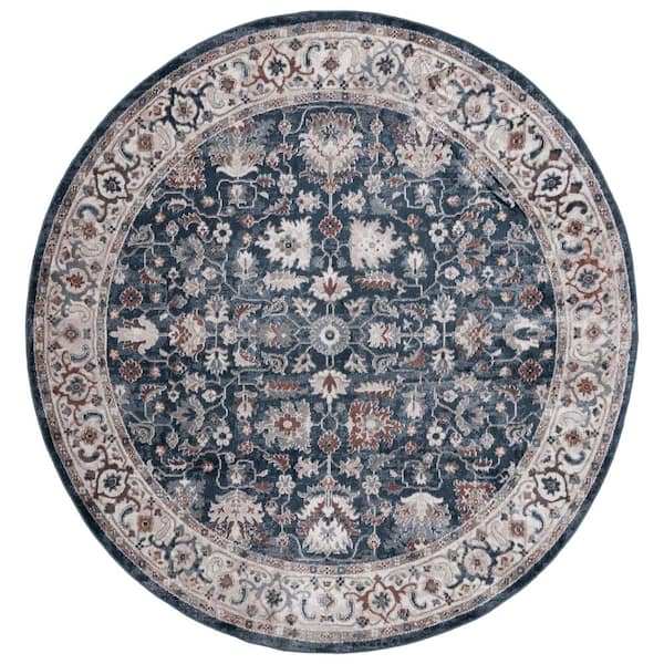Bayside Blue/Grey 7 ft. x 7 ft. Machine Washable Border Medallion Round Area Rug