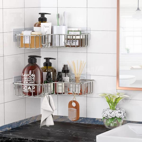 Dracelo 2-Pack Silver Adhesive Stainless Steel Corner Shower Caddy Storage  Shelf with 4 Hooks B08HH1XFHR - The Home Depot