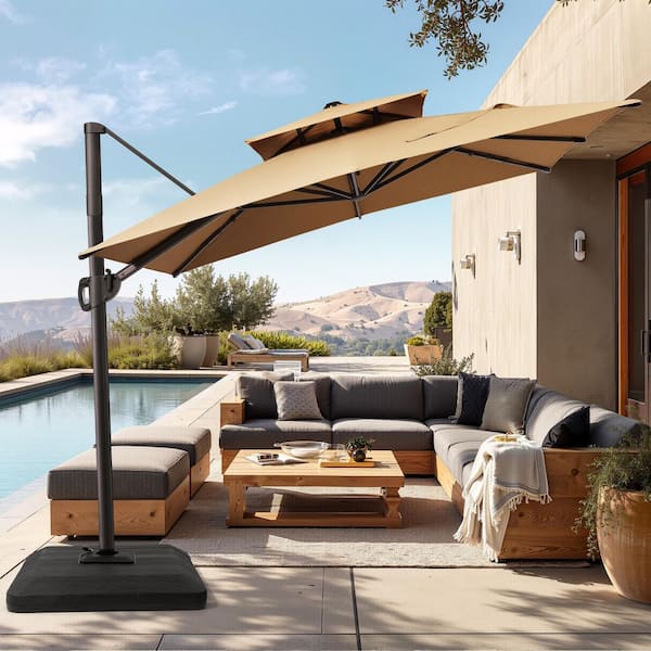 9 ft. x 11 ft. Dual Top Offset Cantilever Crank-Control 360° Rotation Patio Umbrella in Tan with 350 lbs. Weighted Base